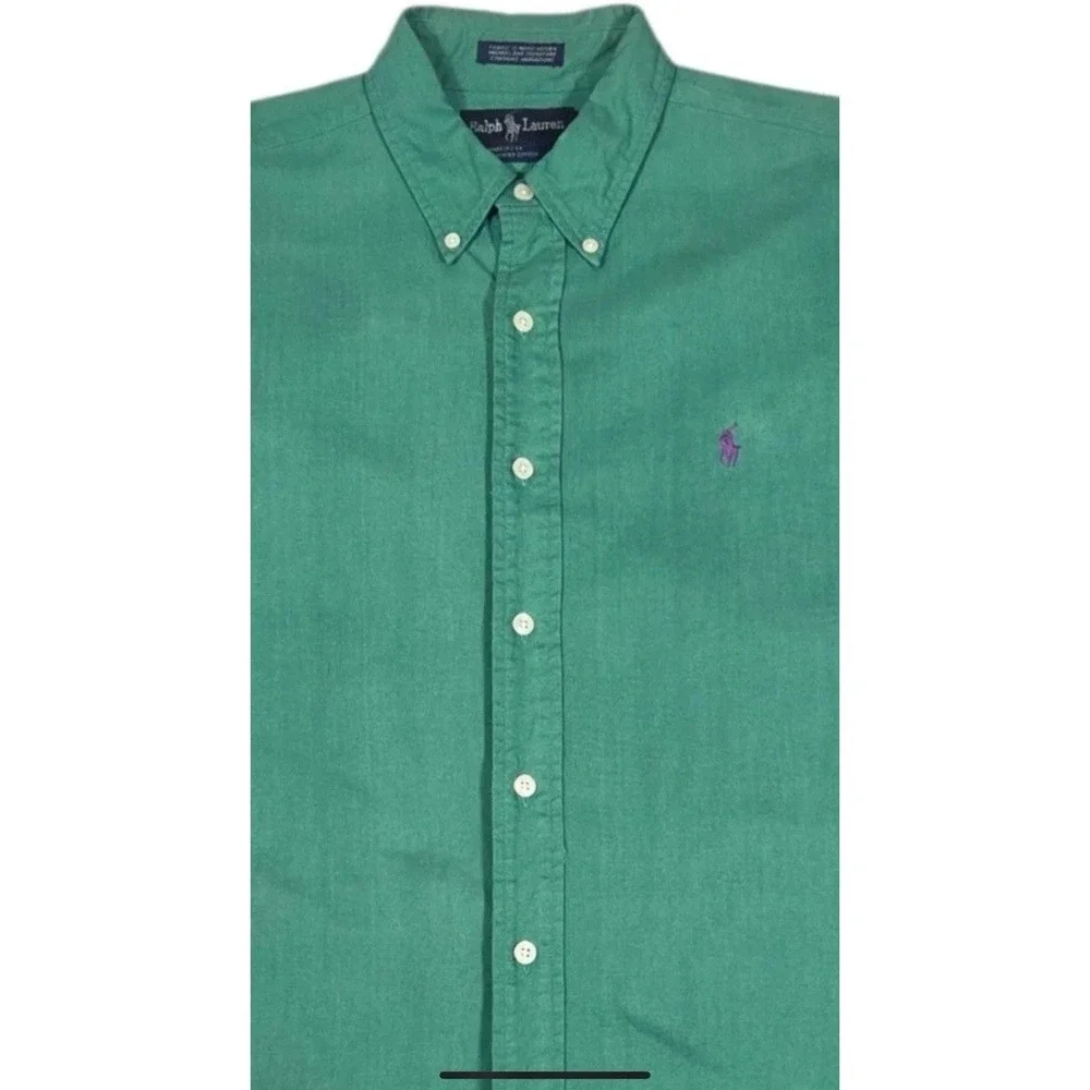 Vintage Polo Ralph Lauren Mens Green Button Down Hand Woven Made In USA Shirt L